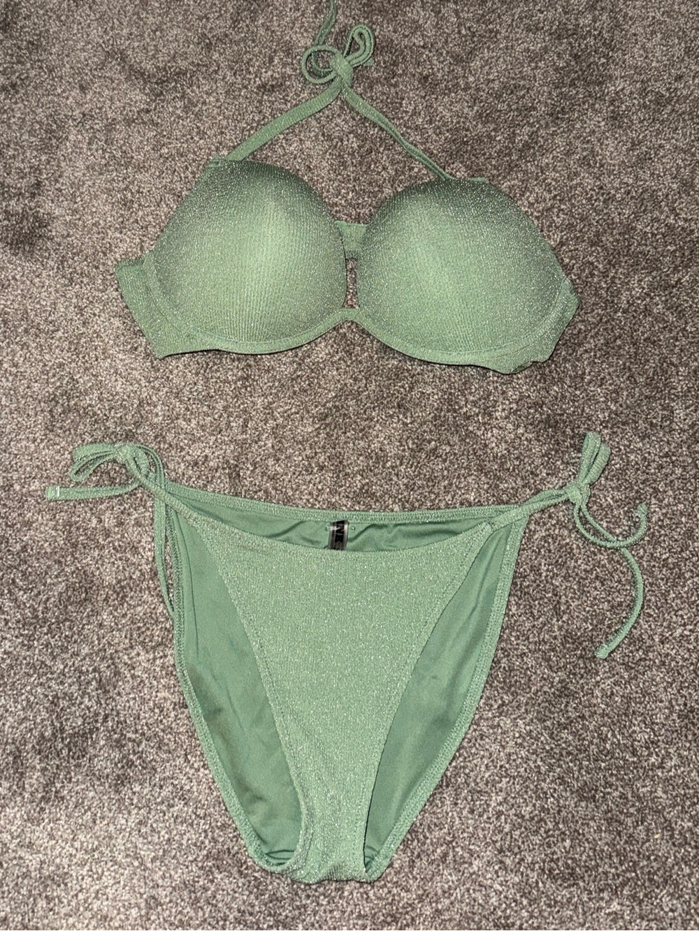 Victoria’s Secret Green Shimmer Bikini. Top XL bottoms L.